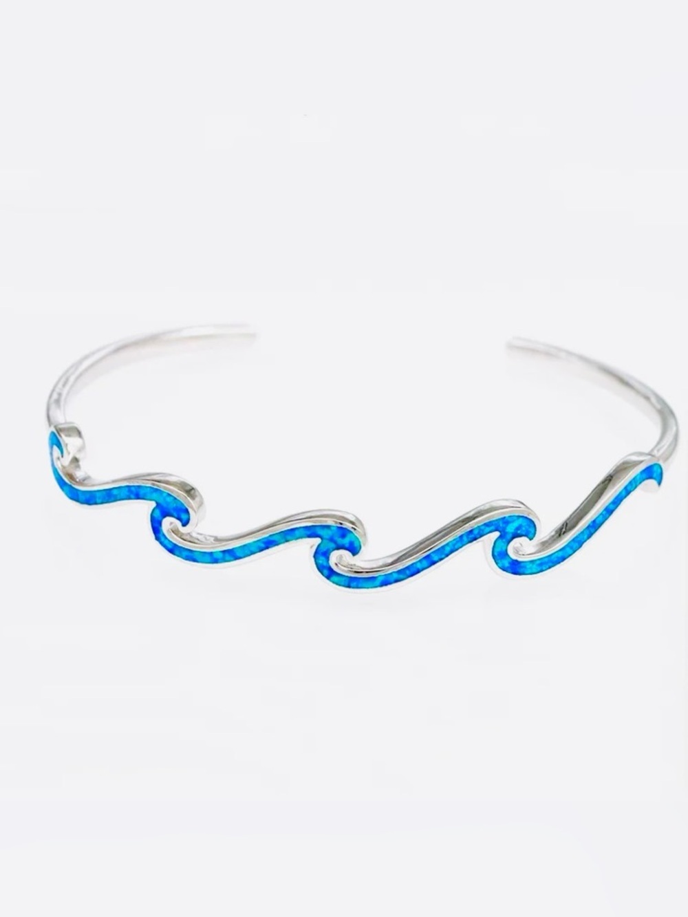 Genuine Blue Opal Multi Layered Wave Open Cuff Bracelet Sterling Silver